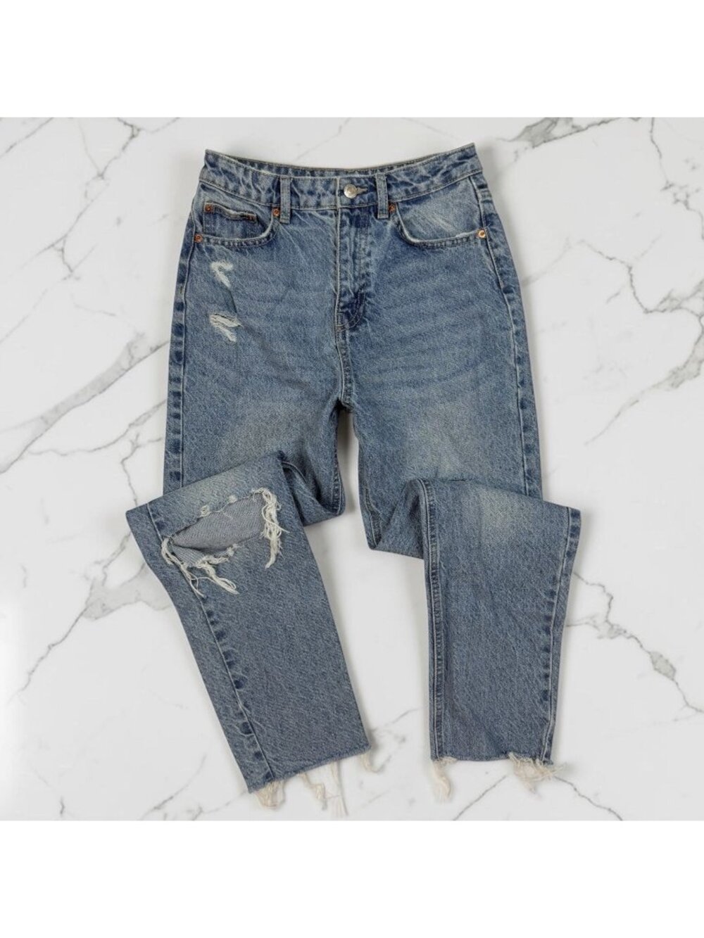 SINSAY Mom Fit Jeans Size 34 EU US 2 Distressed Denim Tapered Raw Hems High Rise